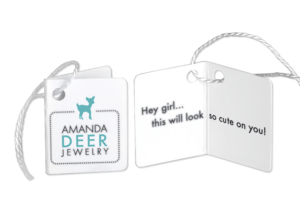 Custom-printed booklet style fold-over tags by Arch Crown.