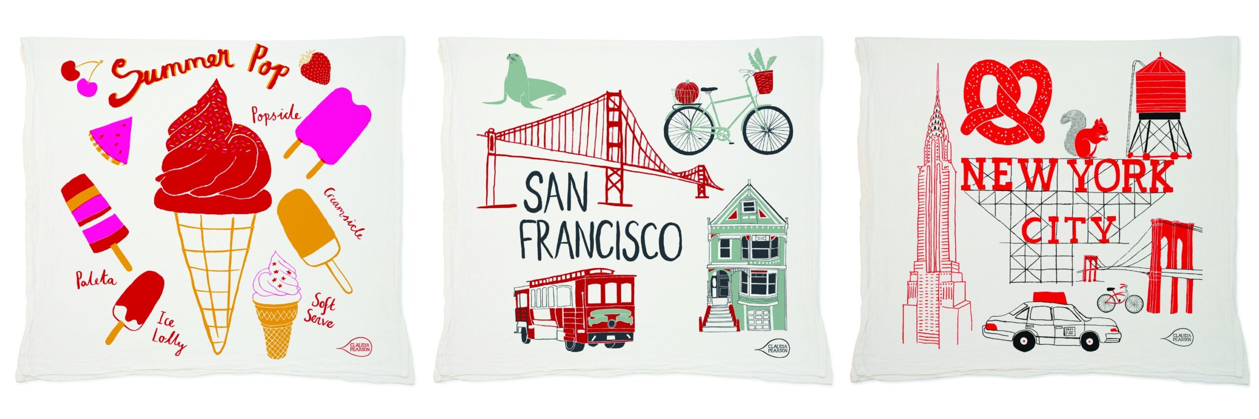 Designer and illustrator Claudia Pearson’s interest in local lead her to designing and manufacturing a whole array of home-pride products in Brooklyn, New York. Her flour sack tea towels feature a variety of cities and themes.