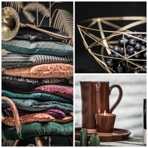 Clockwise from left: Pillows in luxurious fabrics create a cozy atmosphere. A geometric metallic bowl sets a dramatic table. Serveware and candles from the Roots collection reflect a simplified and fastidious sense of form and expression.