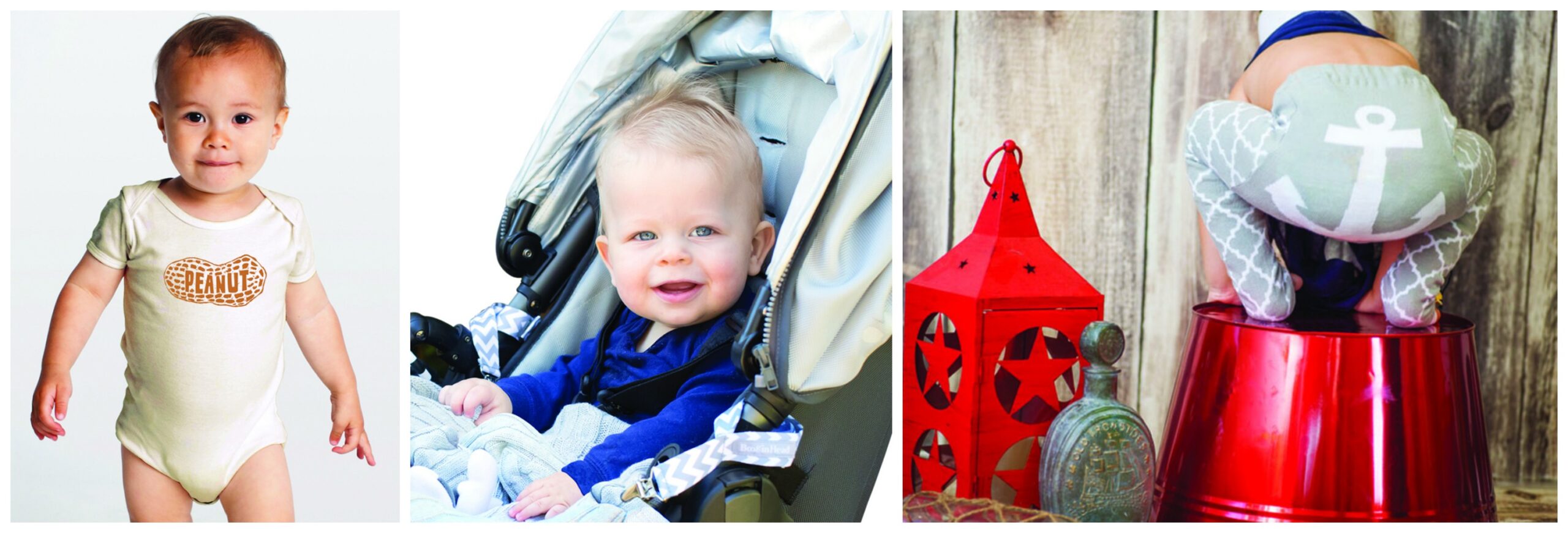 Left to right: Orange Twist's "Peanut" organic cotton baby one-piece is made in the USA and screen printed by hand with eco-friendly, phthalate-free ink. BooginHead's Blanket Grip attaches to any stroller to keep your baby's blanket off the ground and clean. Gray Quatrefoil anchor leggings from Doodle Pants fit diaper-bottomed tots perfectly