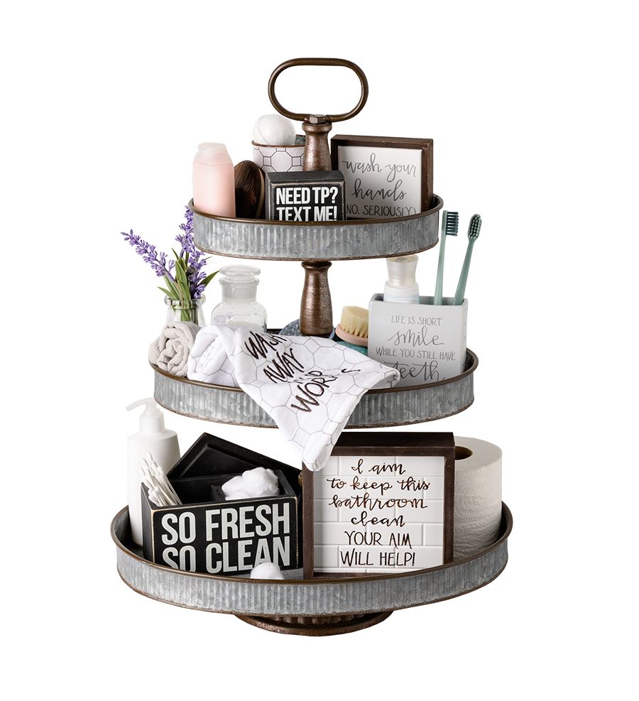 Three Tiered Tray Featuring Bathroom Décor