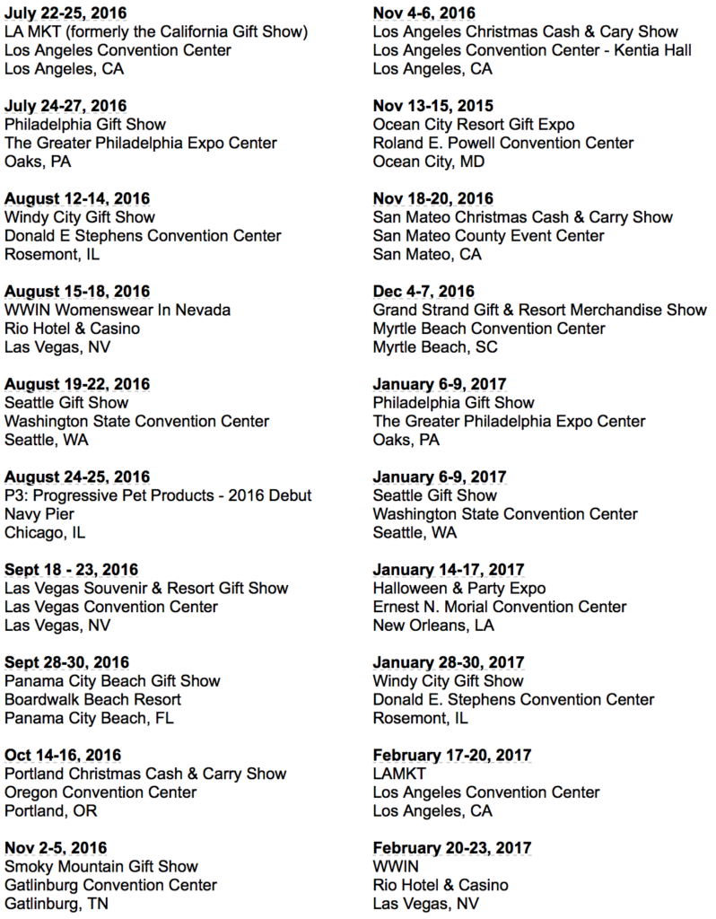Urban Expositions Gift & Souvenir Show Calendar | July 2016-February 2017
