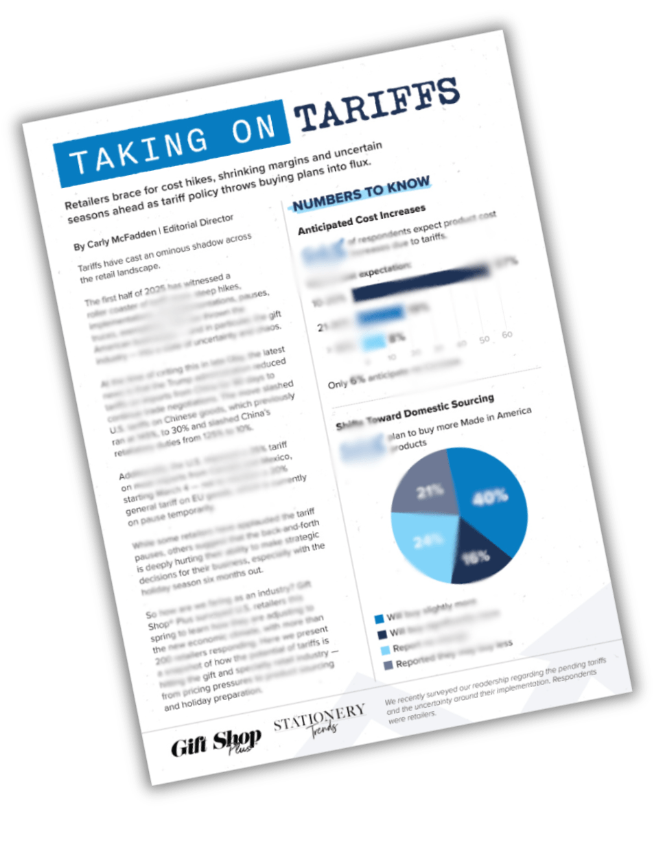 Image of the first page of the Taking on Tariffs special report, featuring blurred out graphics and text and "Numbers to Know"